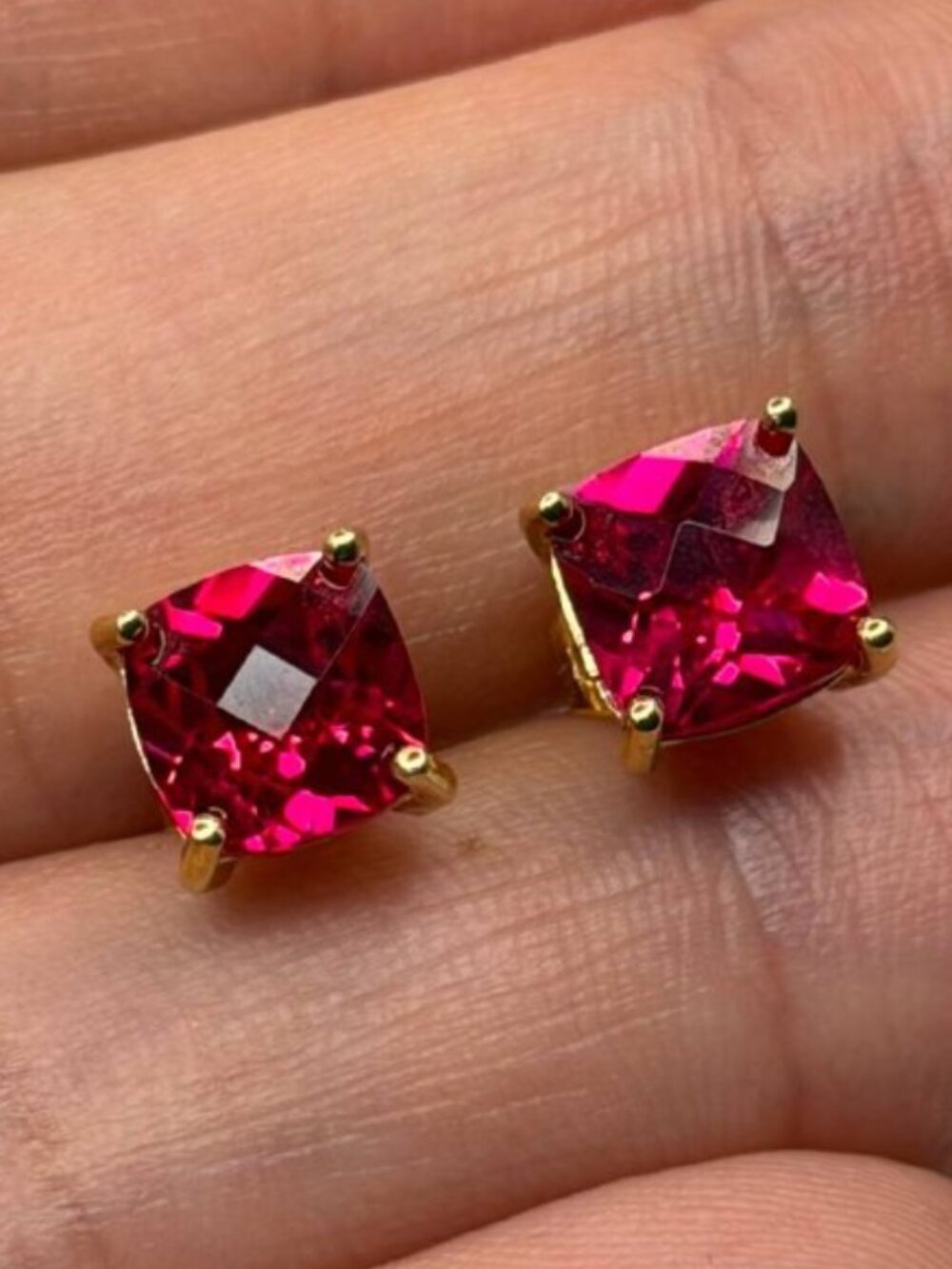 18K Gold Ruby Earrings 3-carat Red Ruby Square Stud Earrings